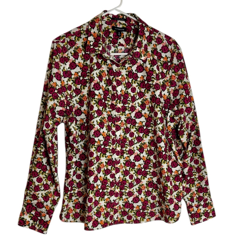 Lands’ End Button Down No Iron 100% Cotton Supima Floral Rose Shirt Size 18